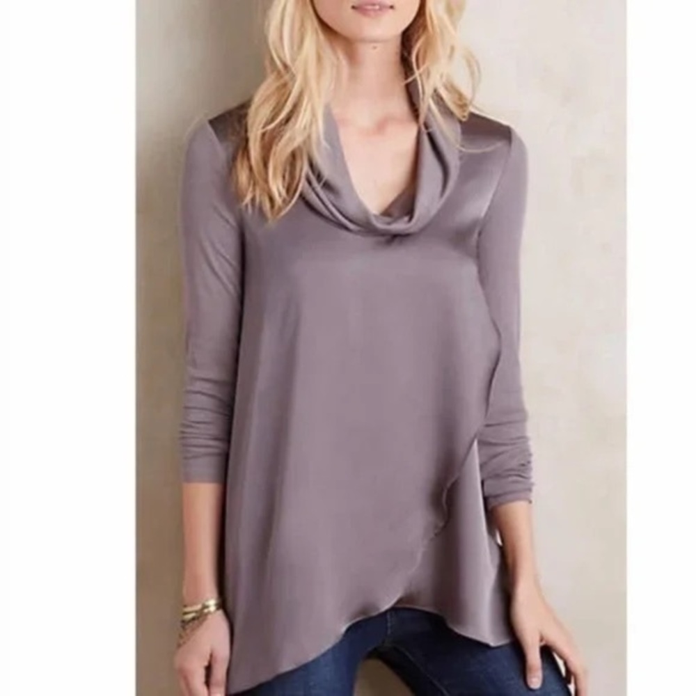 Anthropologie Deletta Cowl Neck Drape Tunic Top Pewter Shiny